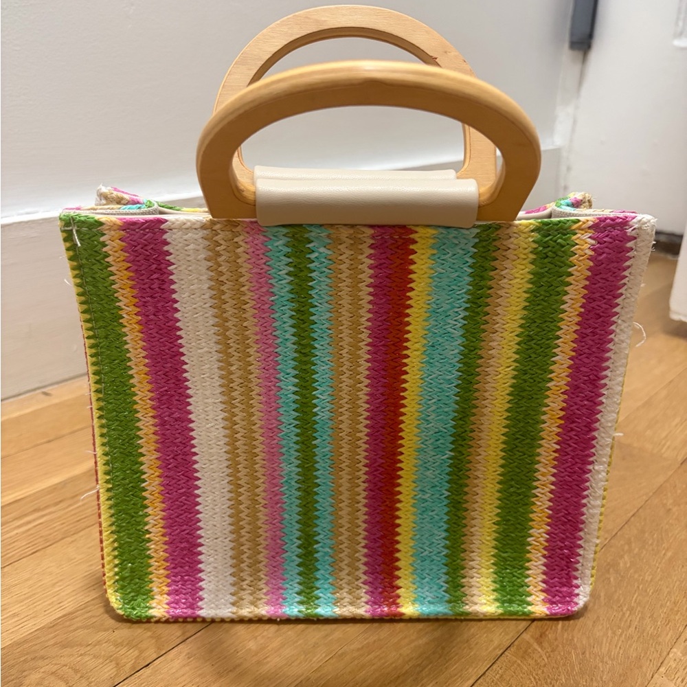 Multicolor Striped Women's Bag with Wooden Handles